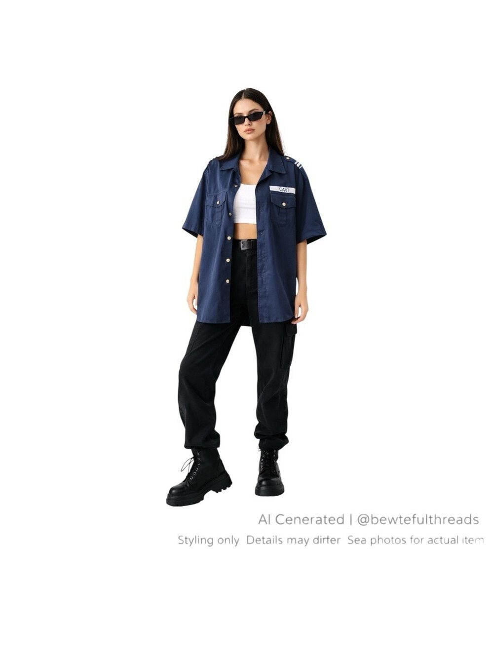 Oversized Navy Utility Shirt Women Military Streetwear Shacket XL Mens